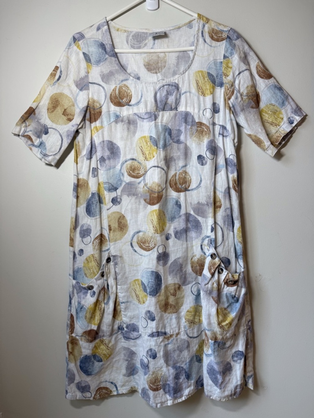 Linen dress short sleeve relaxed whimsical bubble print muted earth tone pockets